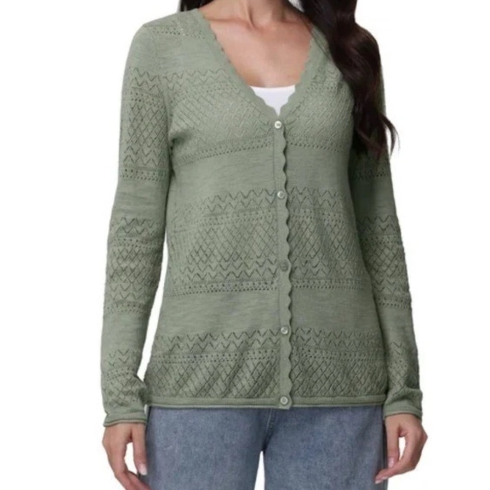 Frye Women's Green pointelle Cardigan Cottagecore Boho Coastal Grandma Size XL